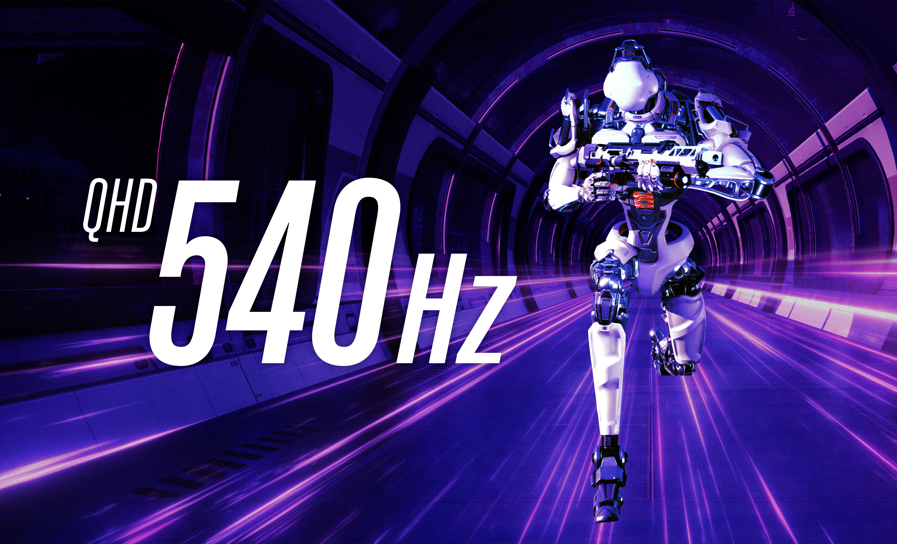 Biały uzbrojony robot biegnący przez niebiesko-fioletowy tunel, po lewej stronie napis QHD 540 Hz