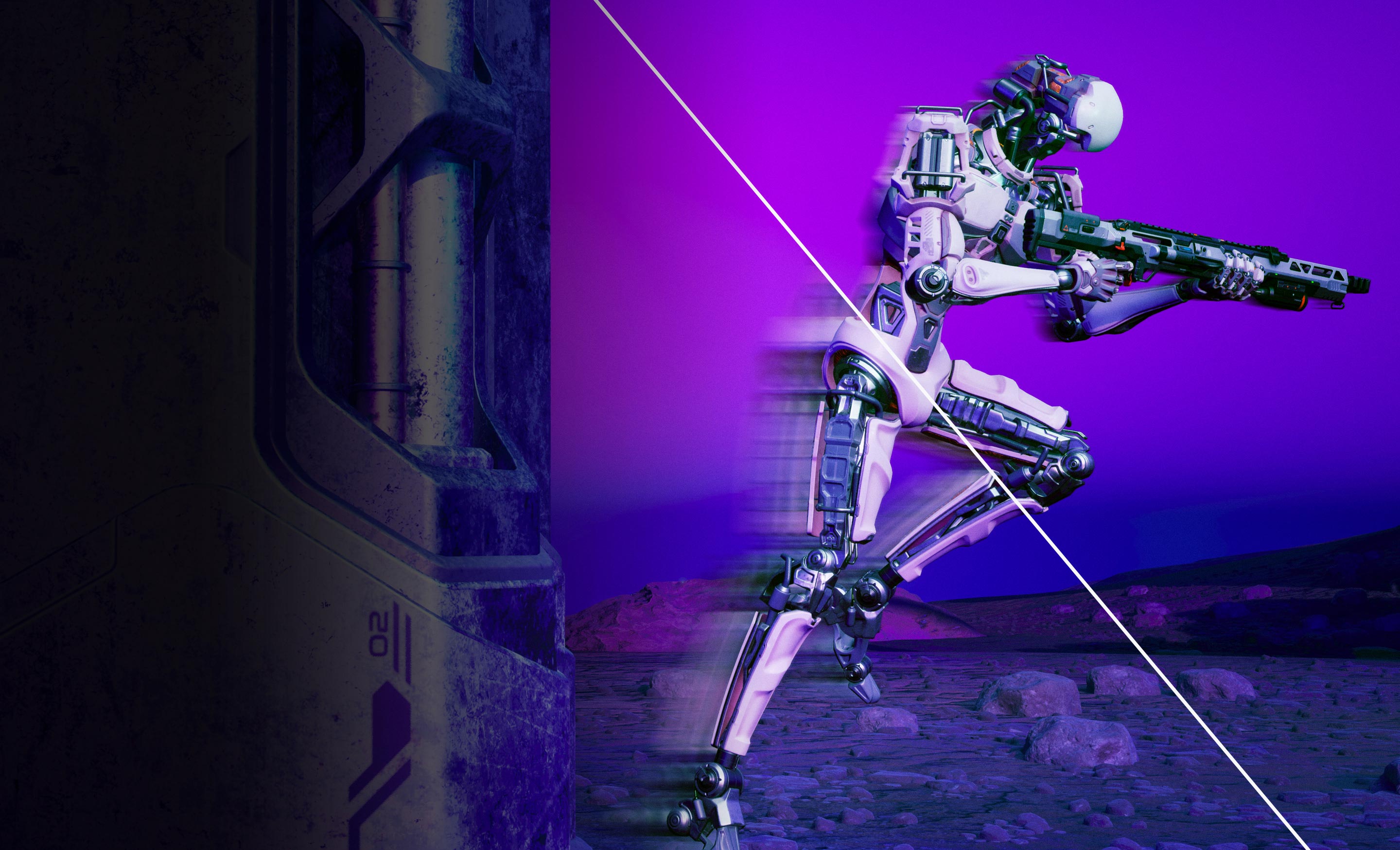 Uzbrojony robot z rozmazaną sylwetką, grafika prezentująca ghosting