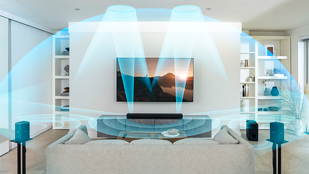 Salon z systemem kina domowego: telewizor BRAVIA, soundbar, subwoofer i głośniki surround emitujące fale dźwiękowe