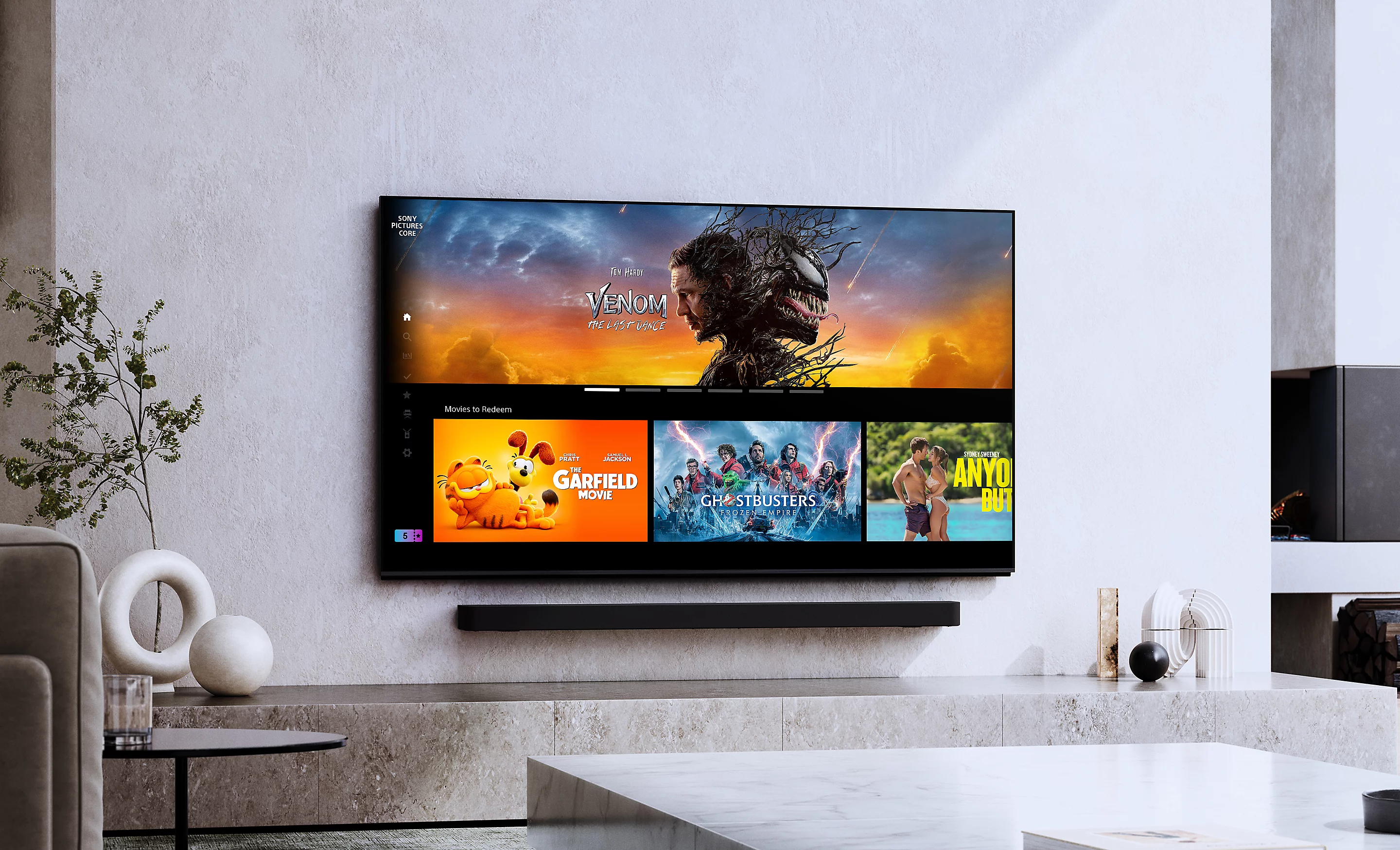 Aplikacja Sony Pictures Core na telewizorze BRAVIA — interfejs z kafelkami filmów