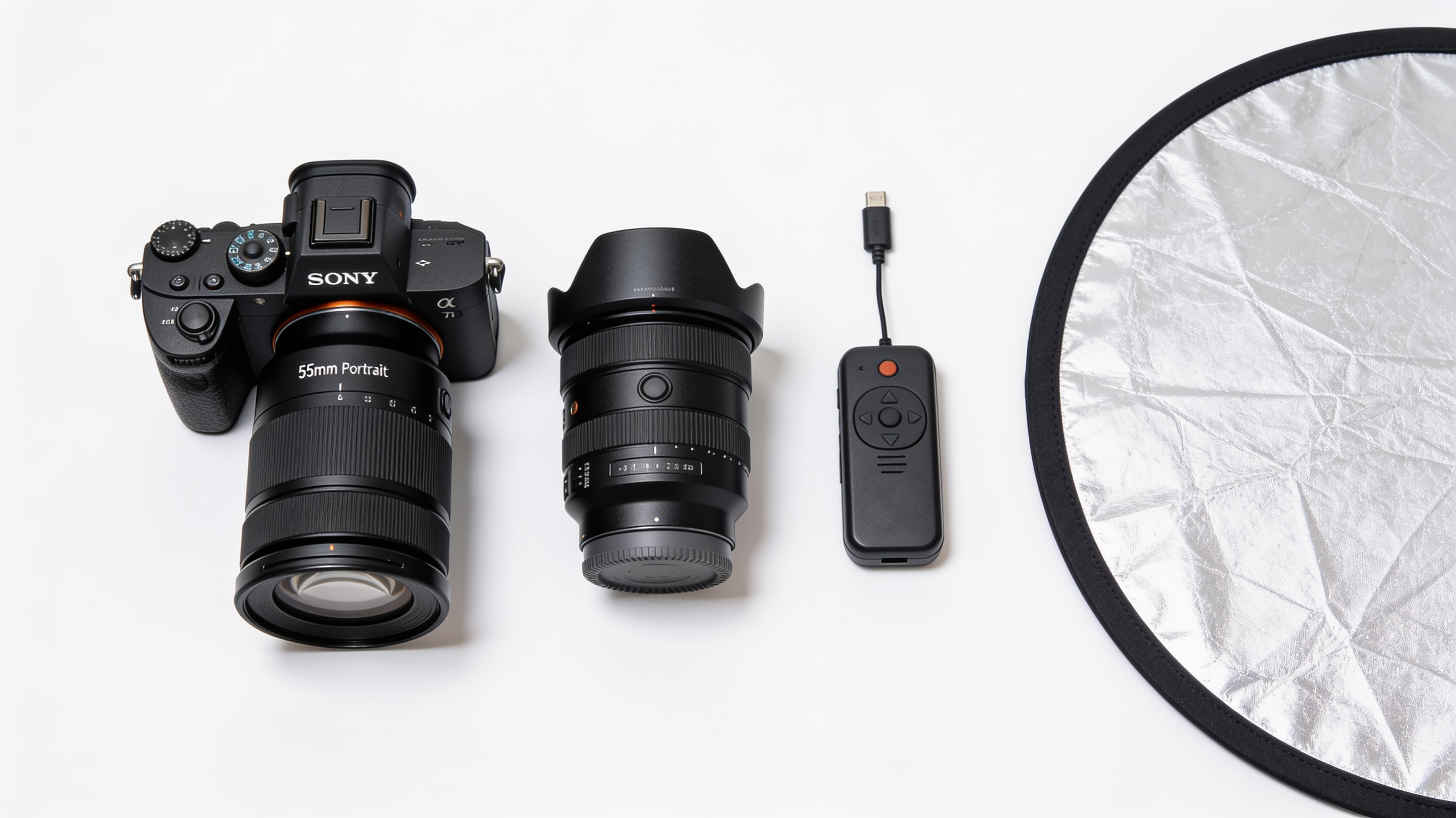 Zestaw sprzętu do fotografii portretowej — aparat, obiektyw 85mm i reflektor