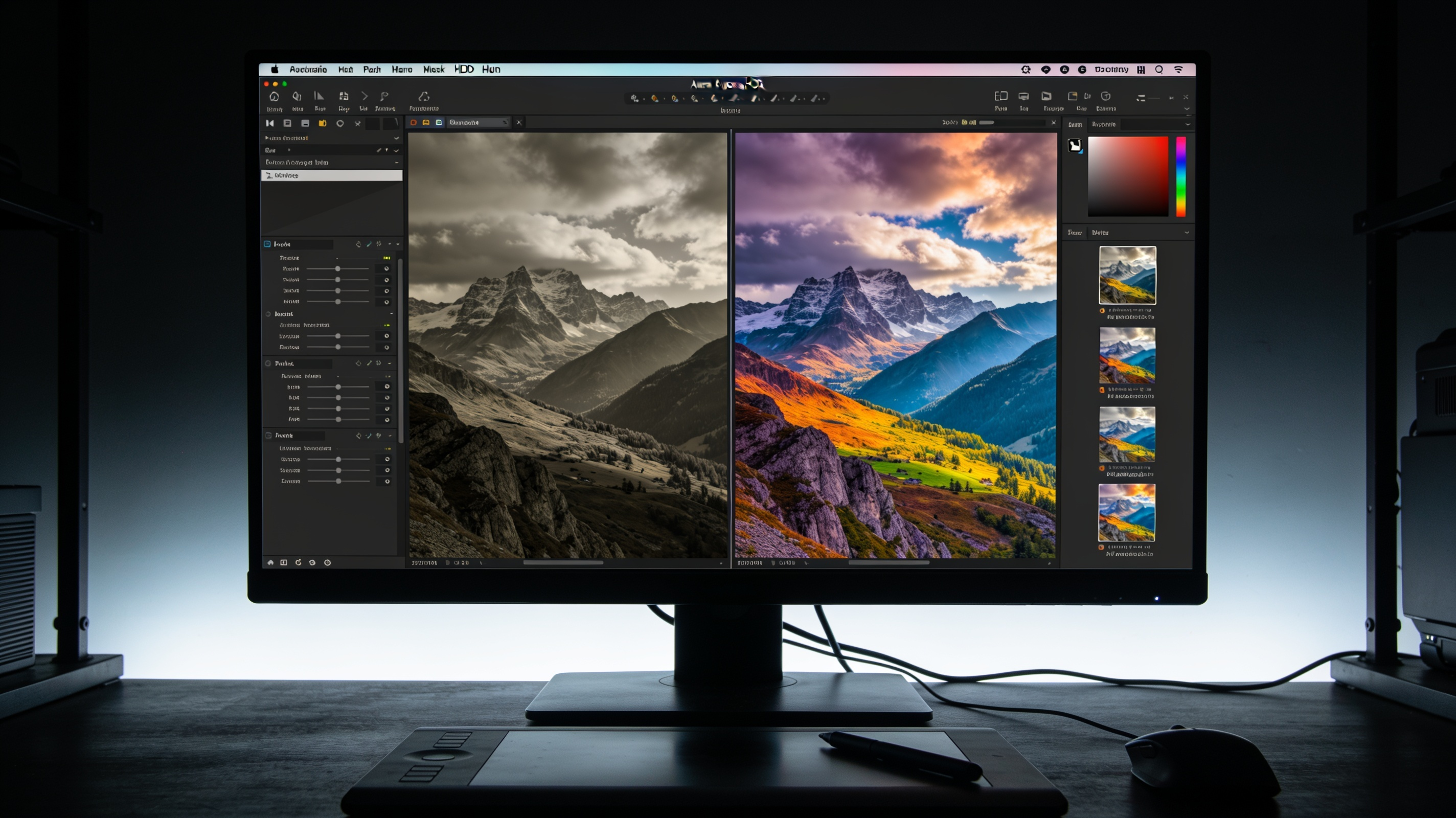 Edycja HDR w programie Aurora — ekran komputera z porównaniem przed i po obróbce zdjęcia krajobrazowego